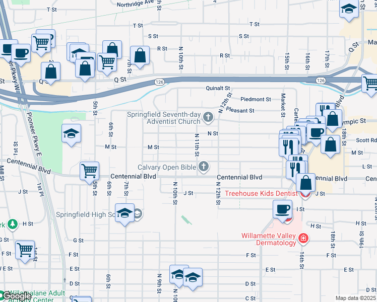 map of restaurants, bars, coffee shops, grocery stores, and more near 1057 M Street in Springfield