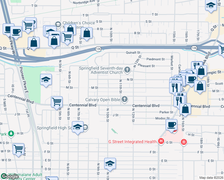 map of restaurants, bars, coffee shops, grocery stores, and more near 1035 M Street in Springfield