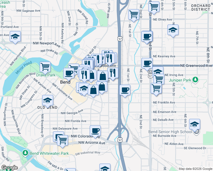 map of restaurants, bars, coffee shops, grocery stores, and more near 111 Northwest Hawthorne Avenue in Bend