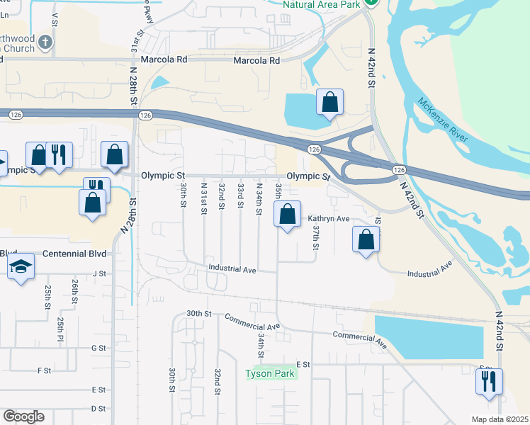 map of restaurants, bars, coffee shops, grocery stores, and more near 1333 34th Street in Springfield
