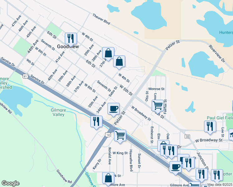 map of restaurants, bars, coffee shops, grocery stores, and more near 260 Sebo Street in Winona