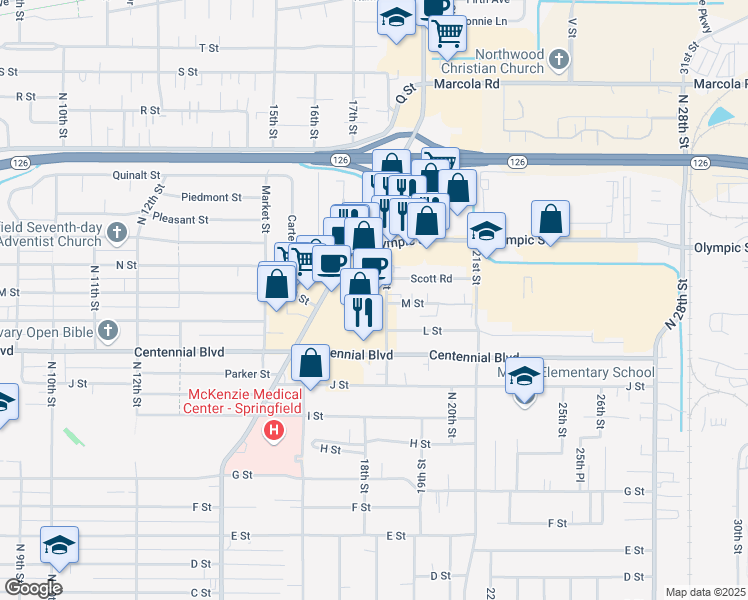 map of restaurants, bars, coffee shops, grocery stores, and more near 1488 18th Street in Springfield