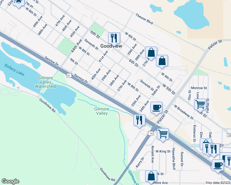 map of restaurants, bars, coffee shops, grocery stores, and more near 3710 9th St in Goodview