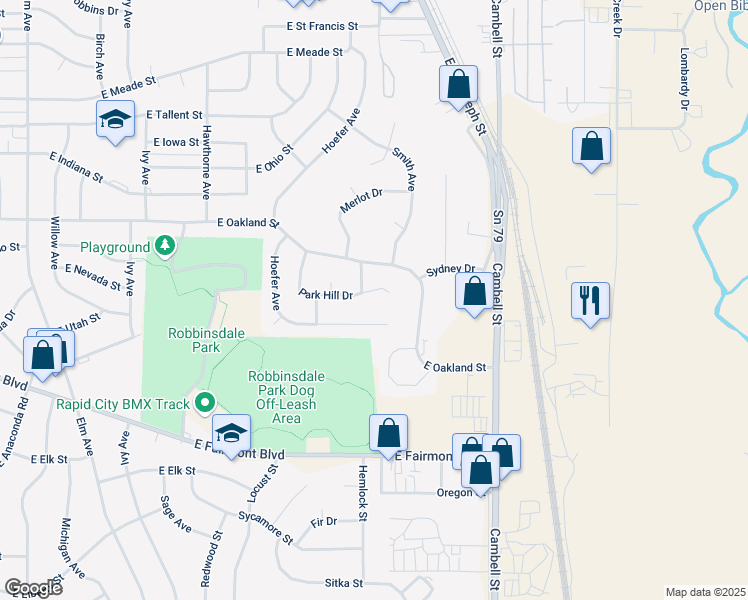 map of restaurants, bars, coffee shops, grocery stores, and more near 1115 Kulpaca Place in Rapid City