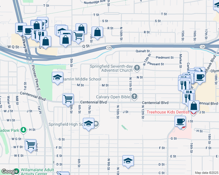 map of restaurants, bars, coffee shops, grocery stores, and more near 1343 9th Street in Springfield