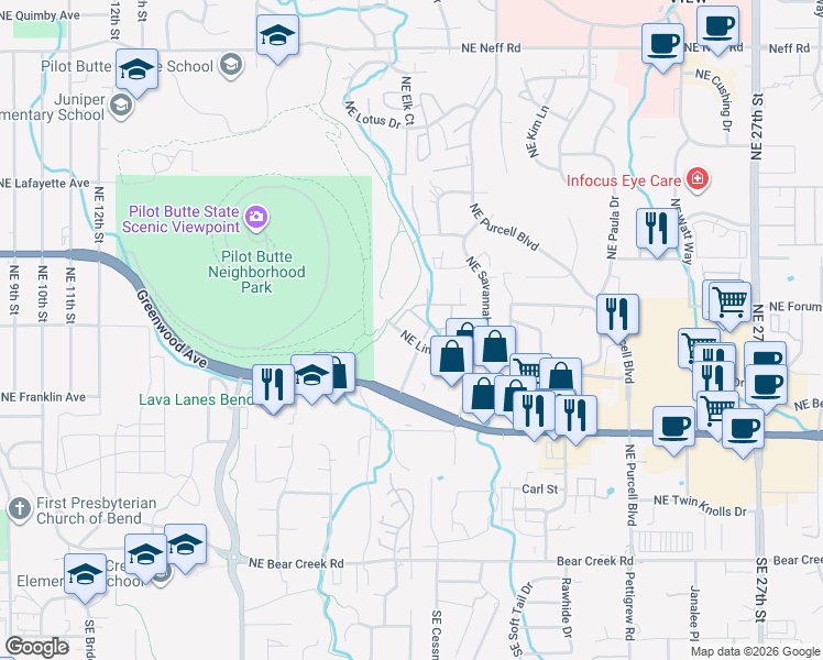 map of restaurants, bars, coffee shops, grocery stores, and more near 2020 Northeast Linnea Drive in Bend