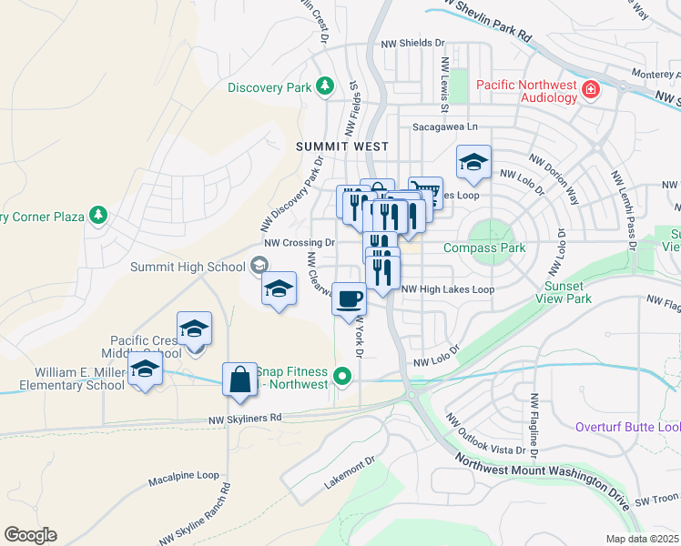 map of restaurants, bars, coffee shops, grocery stores, and more near 750 Northwest Charbonneau Street in Bend