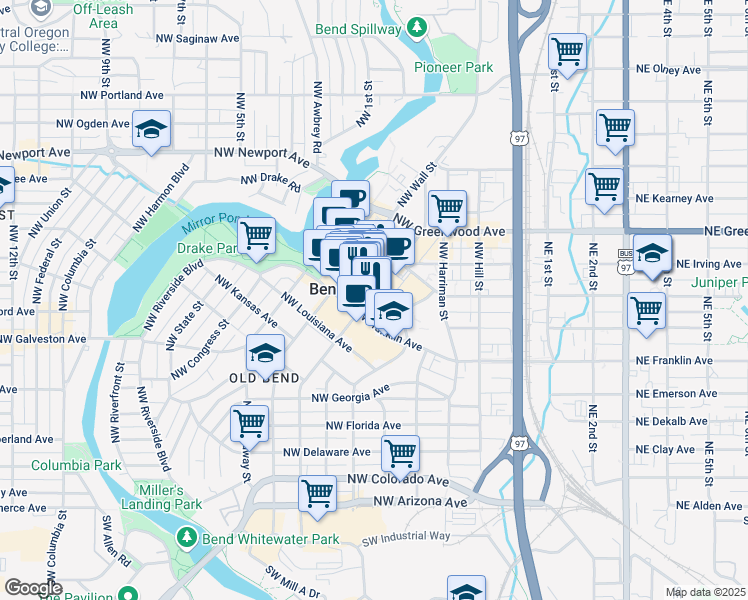 map of restaurants, bars, coffee shops, grocery stores, and more near 835 Northwest Bond Street in Bend