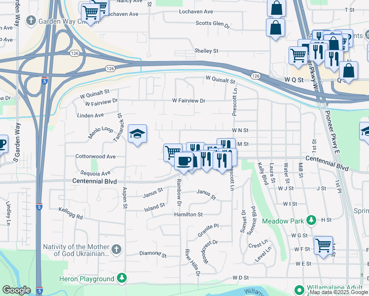 map of restaurants, bars, coffee shops, grocery stores, and more near 839 West M Street in Springfield