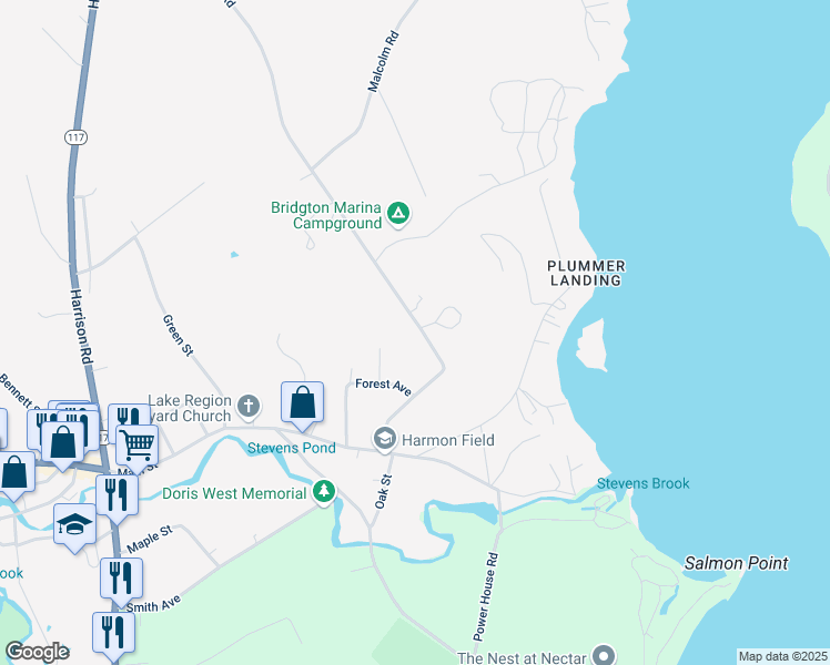 map of restaurants, bars, coffee shops, grocery stores, and more near 245 Pond Road in Bridgton