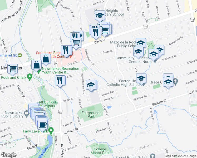 map of restaurants, bars, coffee shops, grocery stores, and more near 733 John Cole Court in Newmarket