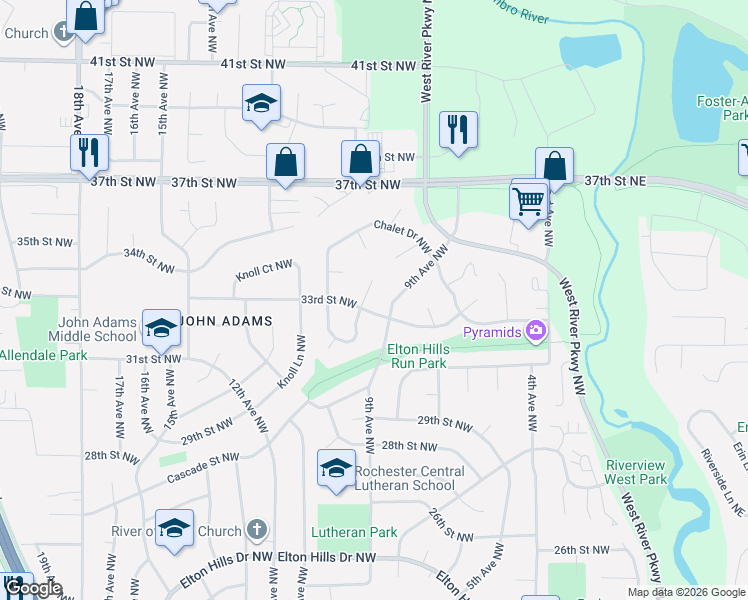 map of restaurants, bars, coffee shops, grocery stores, and more near 3304 Knob Lane Northwest in Rochester