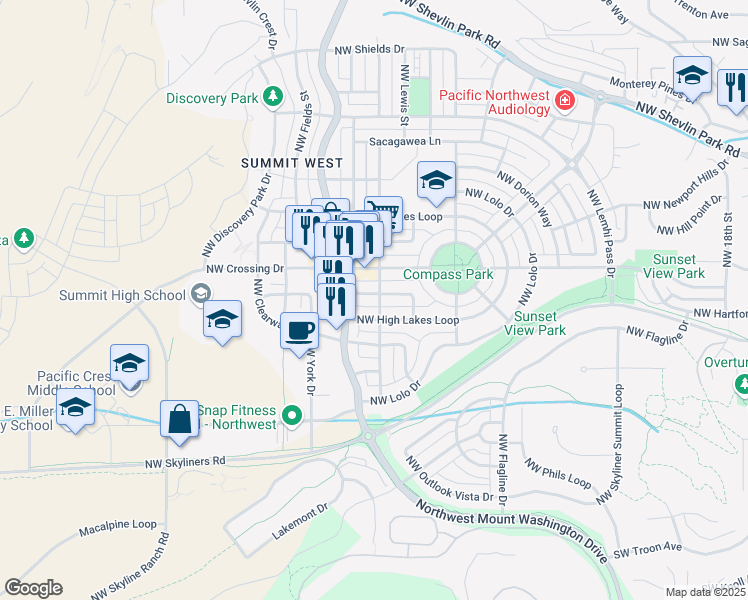 map of restaurants, bars, coffee shops, grocery stores, and more near 863 Northwest Fort Clatsop Street in Bend