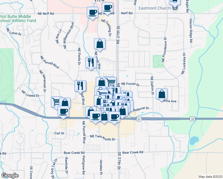 map of restaurants, bars, coffee shops, grocery stores, and more near 2650 U.S. 20 in Bend