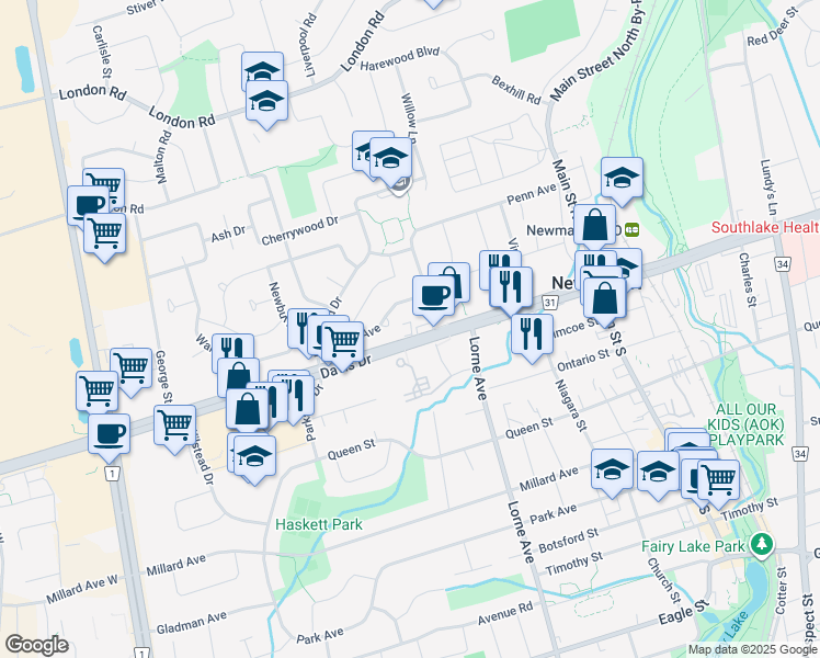 map of restaurants, bars, coffee shops, grocery stores, and more near 257 Davis Drive in Newmarket