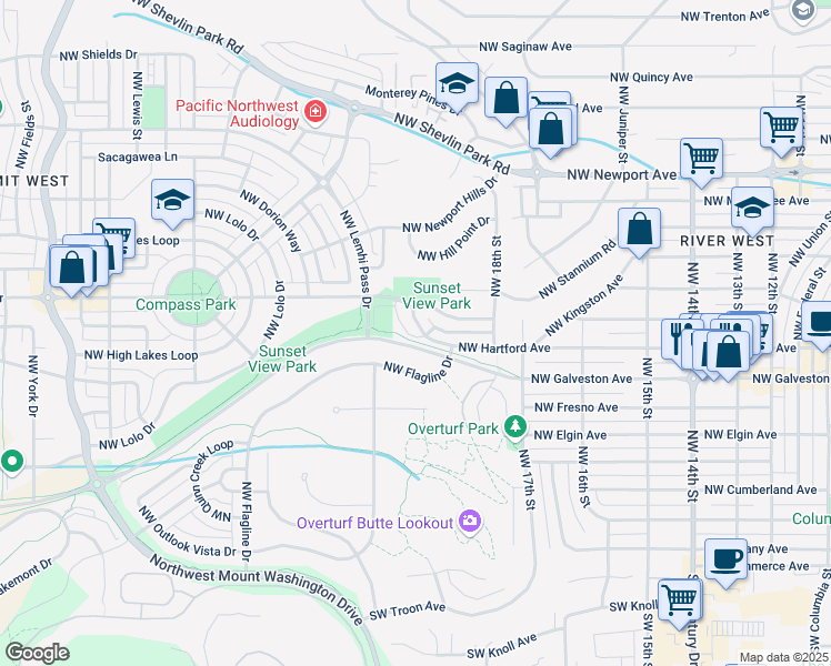 map of restaurants, bars, coffee shops, grocery stores, and more near 1875 Northwest Hartford Avenue in Bend