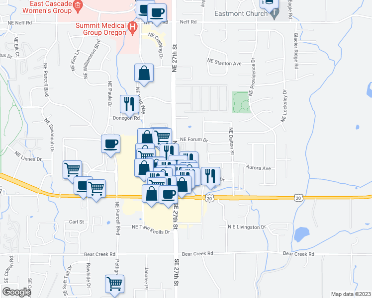 map of restaurants, bars, coffee shops, grocery stores, and more near 675 Northeast Bellevue Drive in Bend