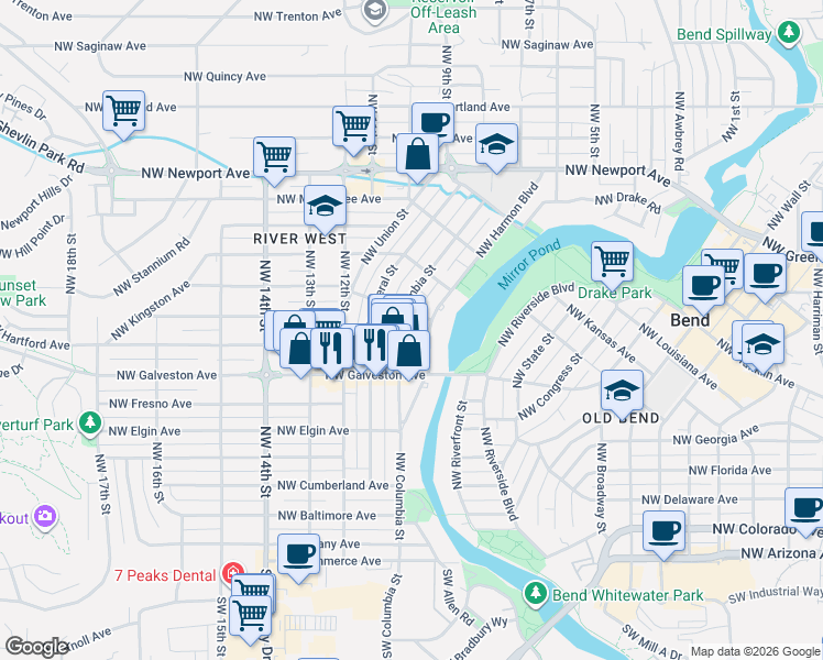 map of restaurants, bars, coffee shops, grocery stores, and more near 831 Northwest Harmon Boulevard in Bend