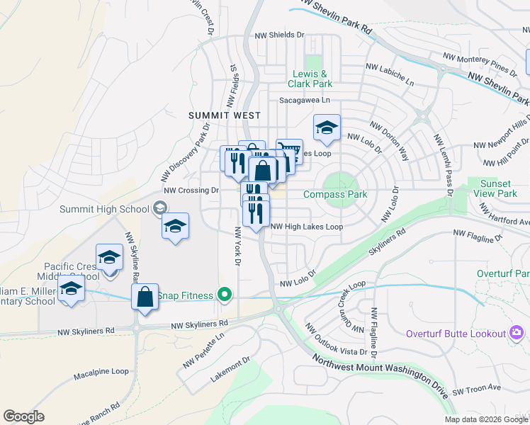 map of restaurants, bars, coffee shops, grocery stores, and more near 766 Northwest Mount Washington Drive in Bend