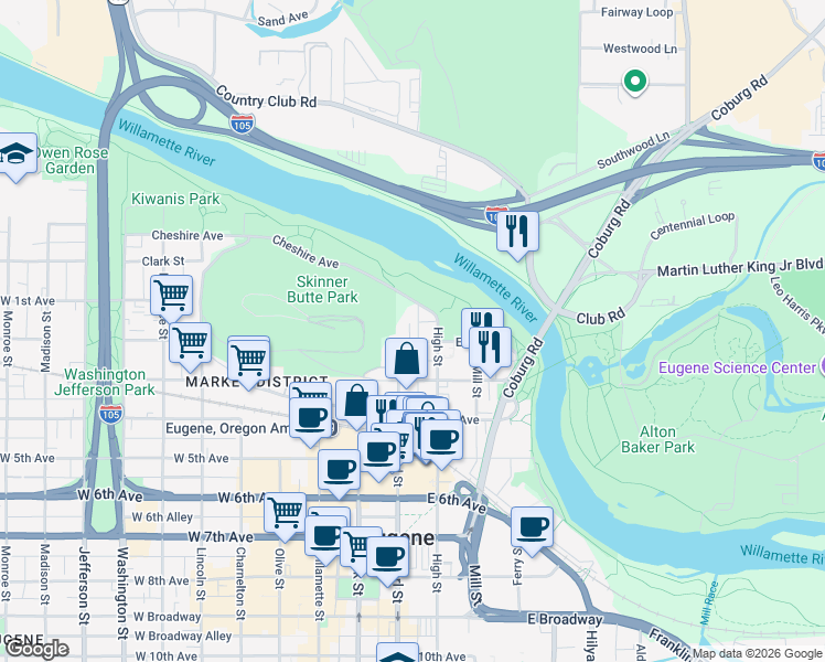 map of restaurants, bars, coffee shops, grocery stores, and more near 118 High Street in Eugene
