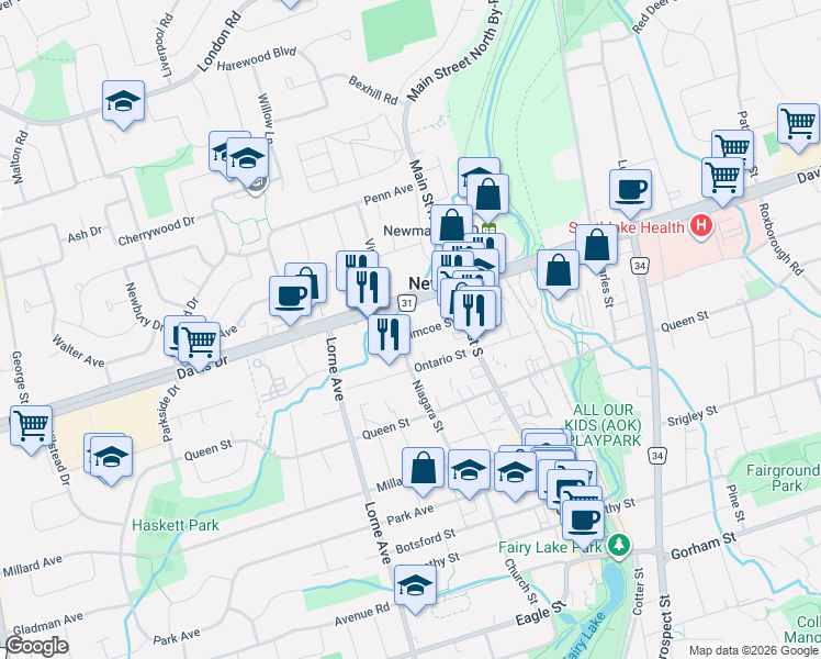 map of restaurants, bars, coffee shops, grocery stores, and more near 379 Simcoe Street in Newmarket