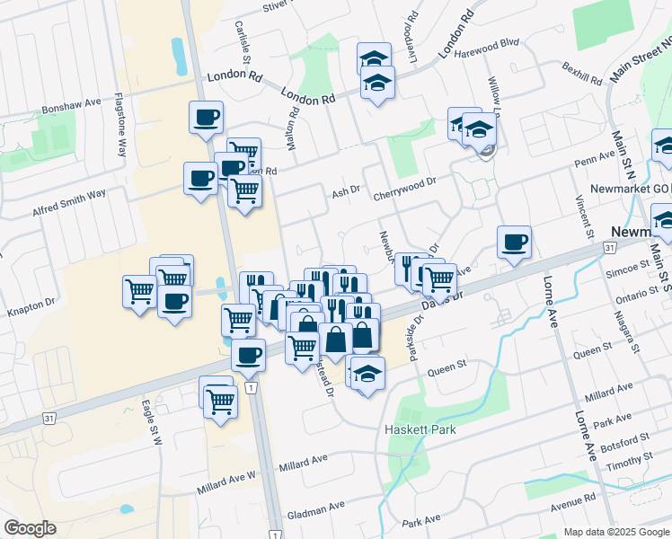 map of restaurants, bars, coffee shops, grocery stores, and more near 102 Sheldon Avenue in Newmarket