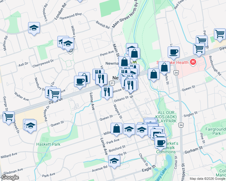 map of restaurants, bars, coffee shops, grocery stores, and more near 379 Simcoe Street in Newmarket