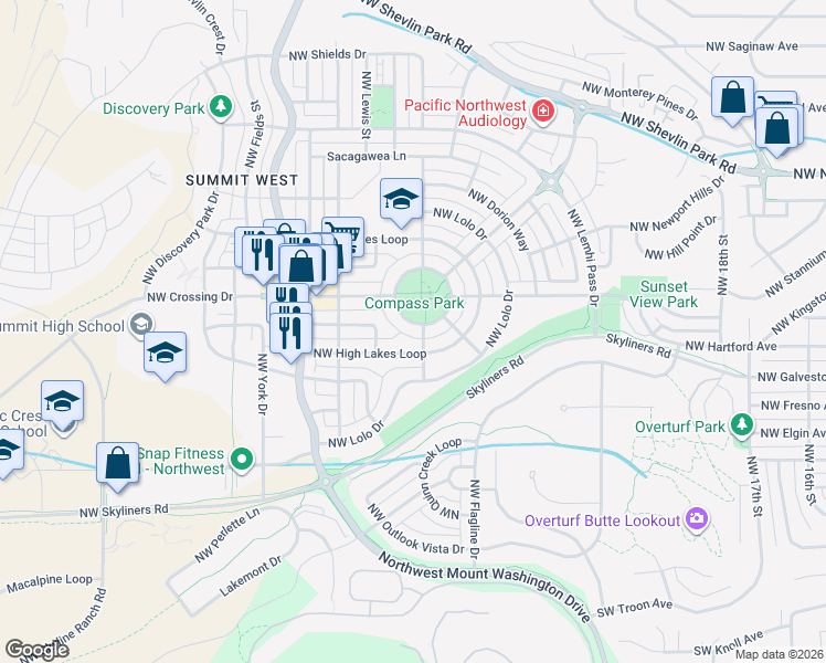 map of restaurants, bars, coffee shops, grocery stores, and more near 2605 Northwest Crossing Drive in Bend