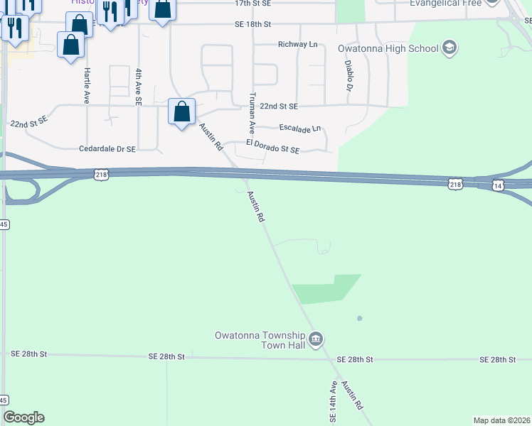 map of restaurants, bars, coffee shops, grocery stores, and more near 2381 Austin Road in Owatonna