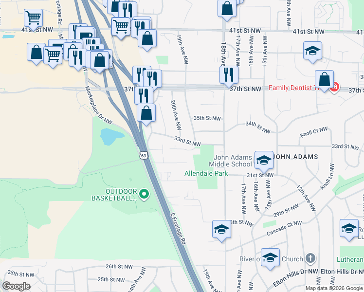 map of restaurants, bars, coffee shops, grocery stores, and more near 1929 Cabernet Lane Northwest in Rochester