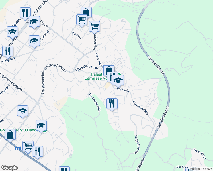 map of restaurants, bars, coffee shops, grocery stores, and more near 37 Strada Vicinale di Bonascola in Carrara