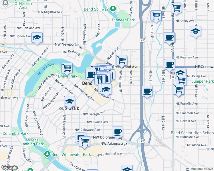 map of restaurants, bars, coffee shops, grocery stores, and more near 10 Northwest Minnesota Avenue in Bend
