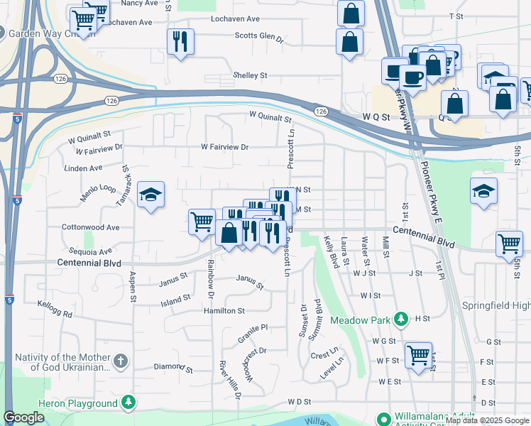 map of restaurants, bars, coffee shops, grocery stores, and more near 621 West M Street in Springfield