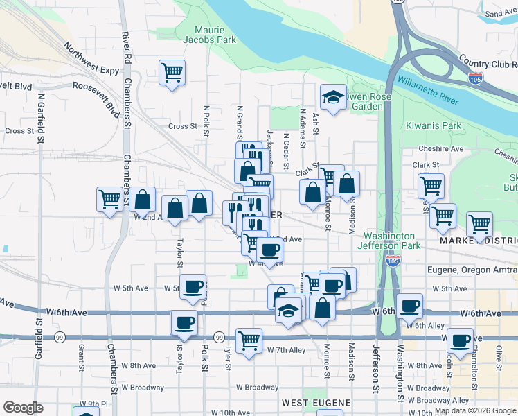 map of restaurants, bars, coffee shops, grocery stores, and more near in Eugene