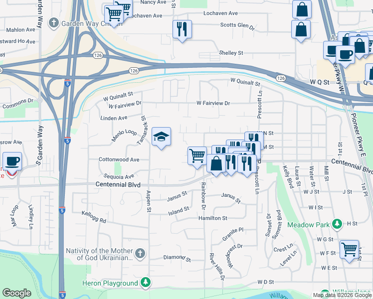 map of restaurants, bars, coffee shops, grocery stores, and more near 986 West L Street in Springfield