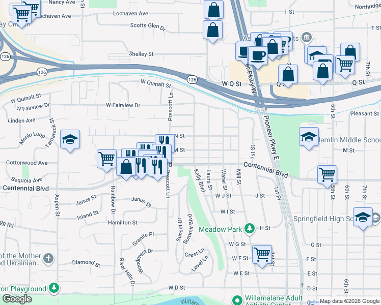 map of restaurants, bars, coffee shops, grocery stores, and more near 1344 Kelly Boulevard in Springfield