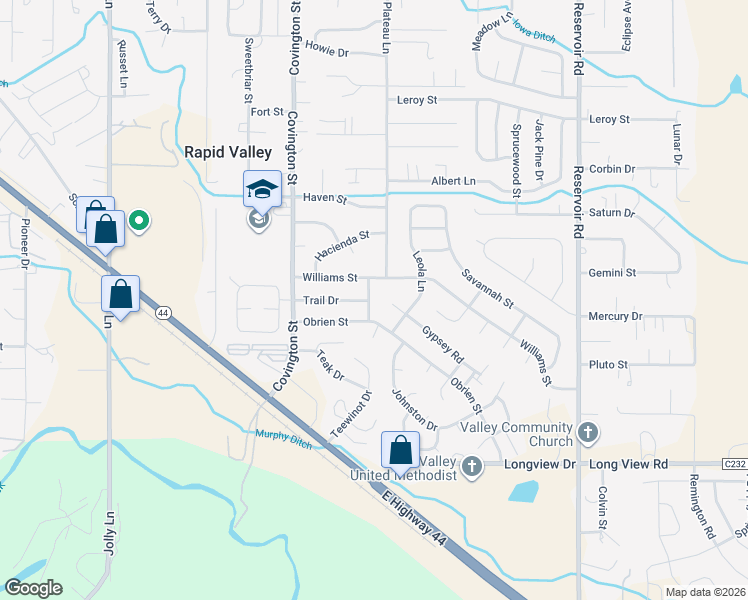 map of restaurants, bars, coffee shops, grocery stores, and more near 2882 Trailwood Lane in Rapid City