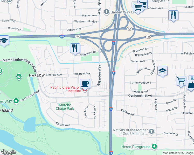 map of restaurants, bars, coffee shops, grocery stores, and more near 274 South Garden Way in Eugene