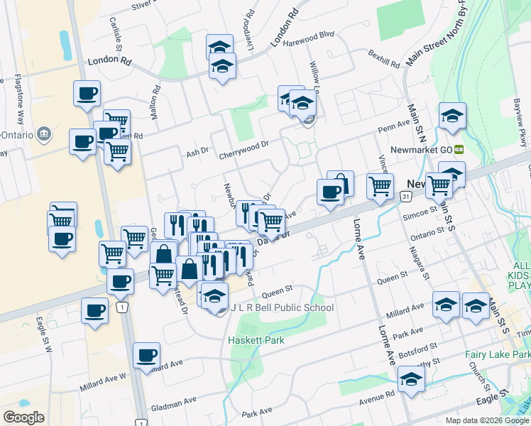 map of restaurants, bars, coffee shops, grocery stores, and more near 27 Longford Drive in Newmarket