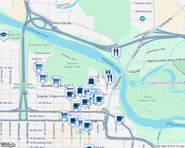 map of restaurants, bars, coffee shops, grocery stores, and more near 118 High Street in Eugene