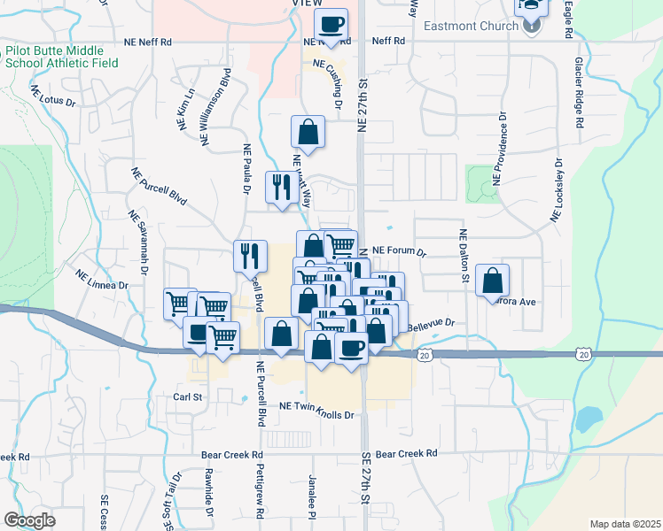 map of restaurants, bars, coffee shops, grocery stores, and more near 2650 U.S. 20 in Bend
