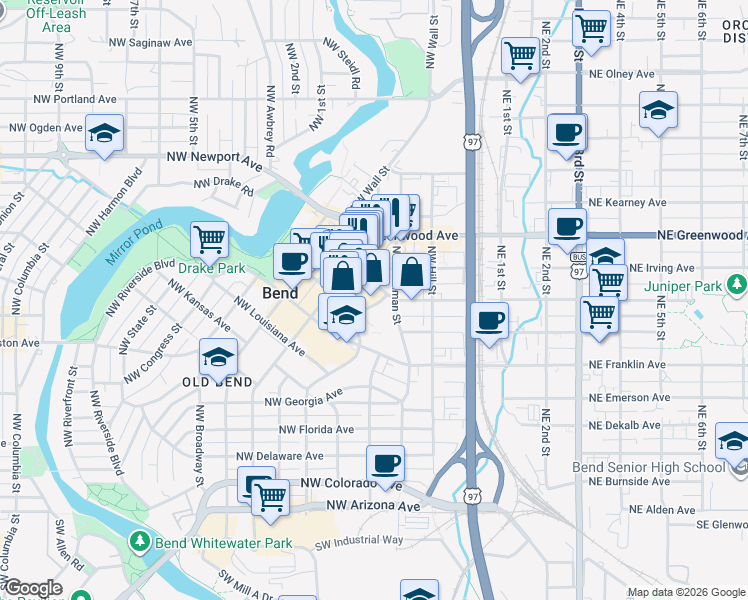 map of restaurants, bars, coffee shops, grocery stores, and more near 750 Northwest Lava Road in Bend