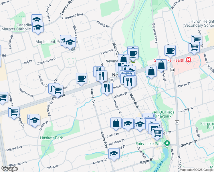 map of restaurants, bars, coffee shops, grocery stores, and more near 14 Niagara Street in Newmarket