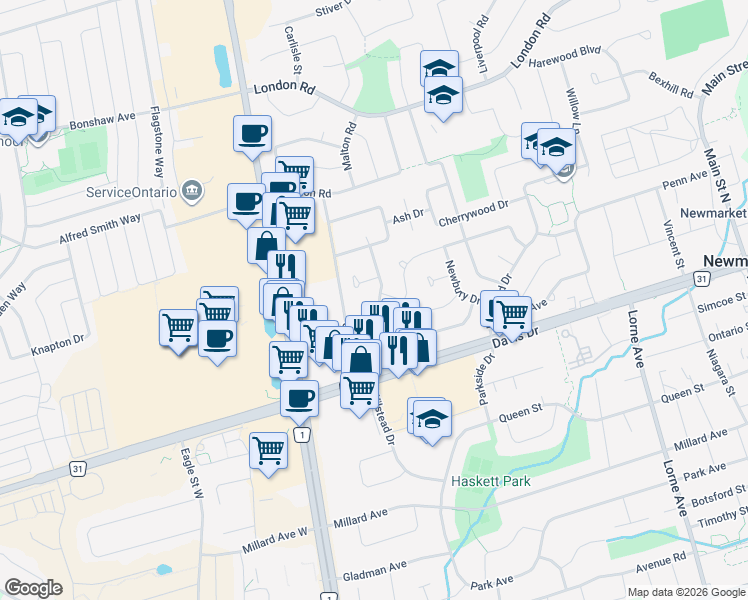 map of restaurants, bars, coffee shops, grocery stores, and more near 85 Walter Avenue in Newmarket
