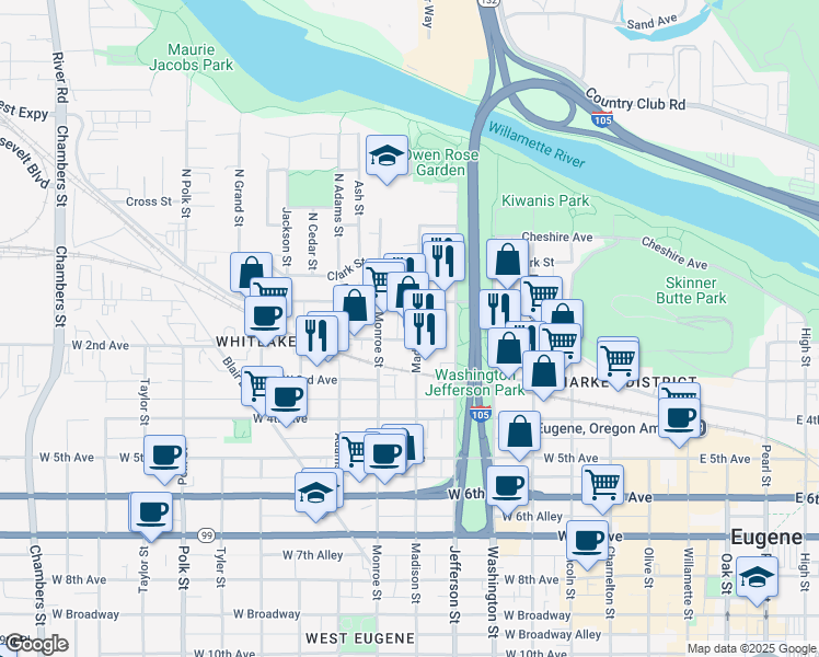 map of restaurants, bars, coffee shops, grocery stores, and more near 160 Madison Street in Eugene
