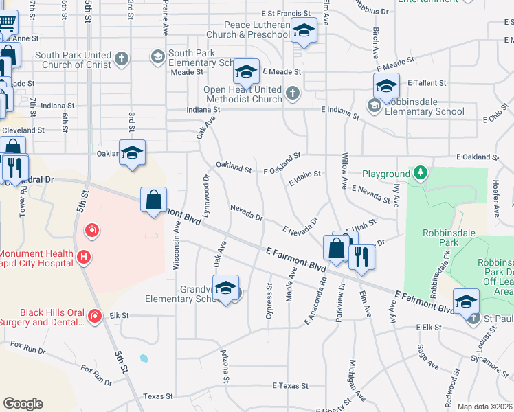 map of restaurants, bars, coffee shops, grocery stores, and more near 12 Nevada Drive in Rapid City