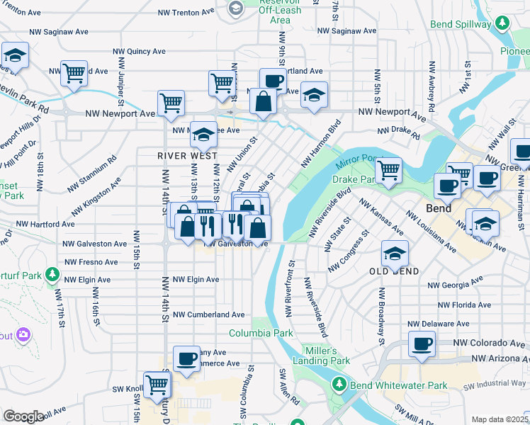 map of restaurants, bars, coffee shops, grocery stores, and more near 831 Northwest Harmon Boulevard in Bend