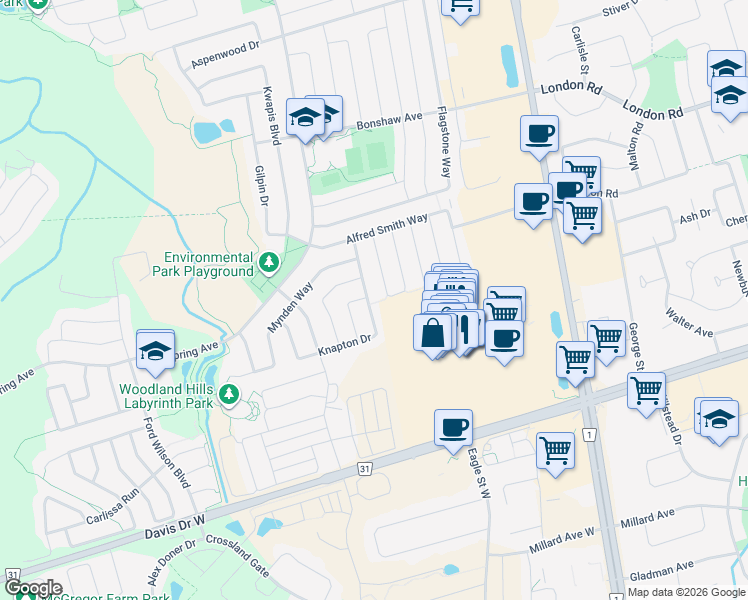 map of restaurants, bars, coffee shops, grocery stores, and more near 193 Knapton Drive in Newmarket