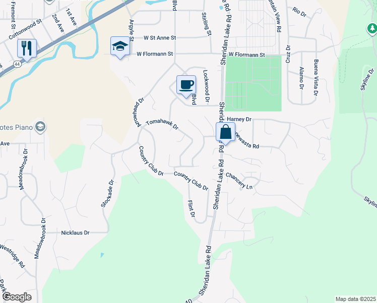 map of restaurants, bars, coffee shops, grocery stores, and more near 2526 Tomahawk Drive in Rapid City