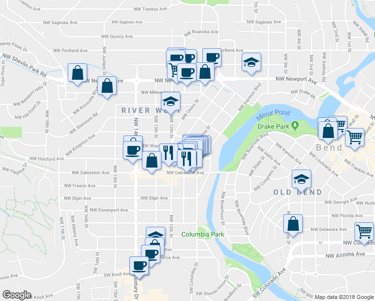 map of restaurants, bars, coffee shops, grocery stores, and more near 832 Northwest Federal Street in Bend